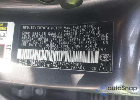 2011 Toyota Corolla S from USA, damaged, VIN 2T1BU4EE9BC635171